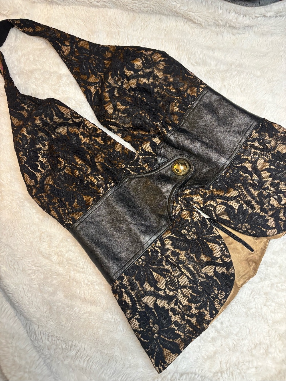 Marciano Black Lace Halter Tunic with Gold Underlay and Faux Leather Waistband